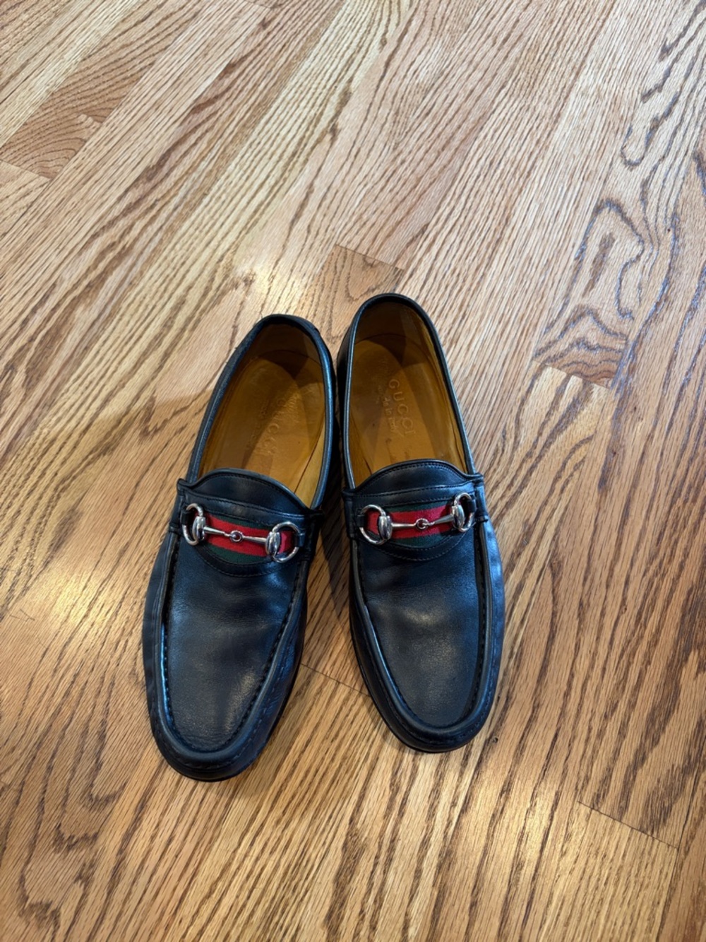 Gucci Black Leather Loafers with Red Web and Silver Horsebit